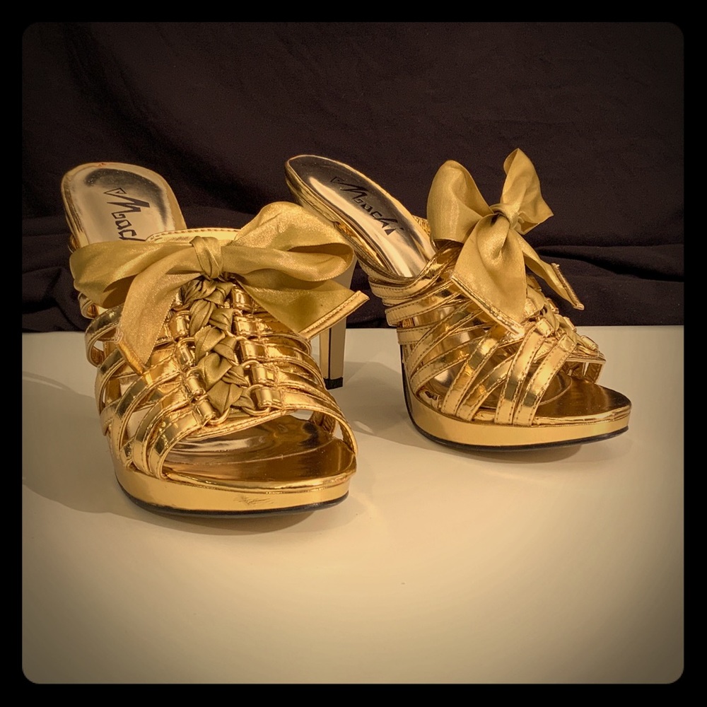 Classic Hollywood Gold Lace-up Mules Sandals w/Bow